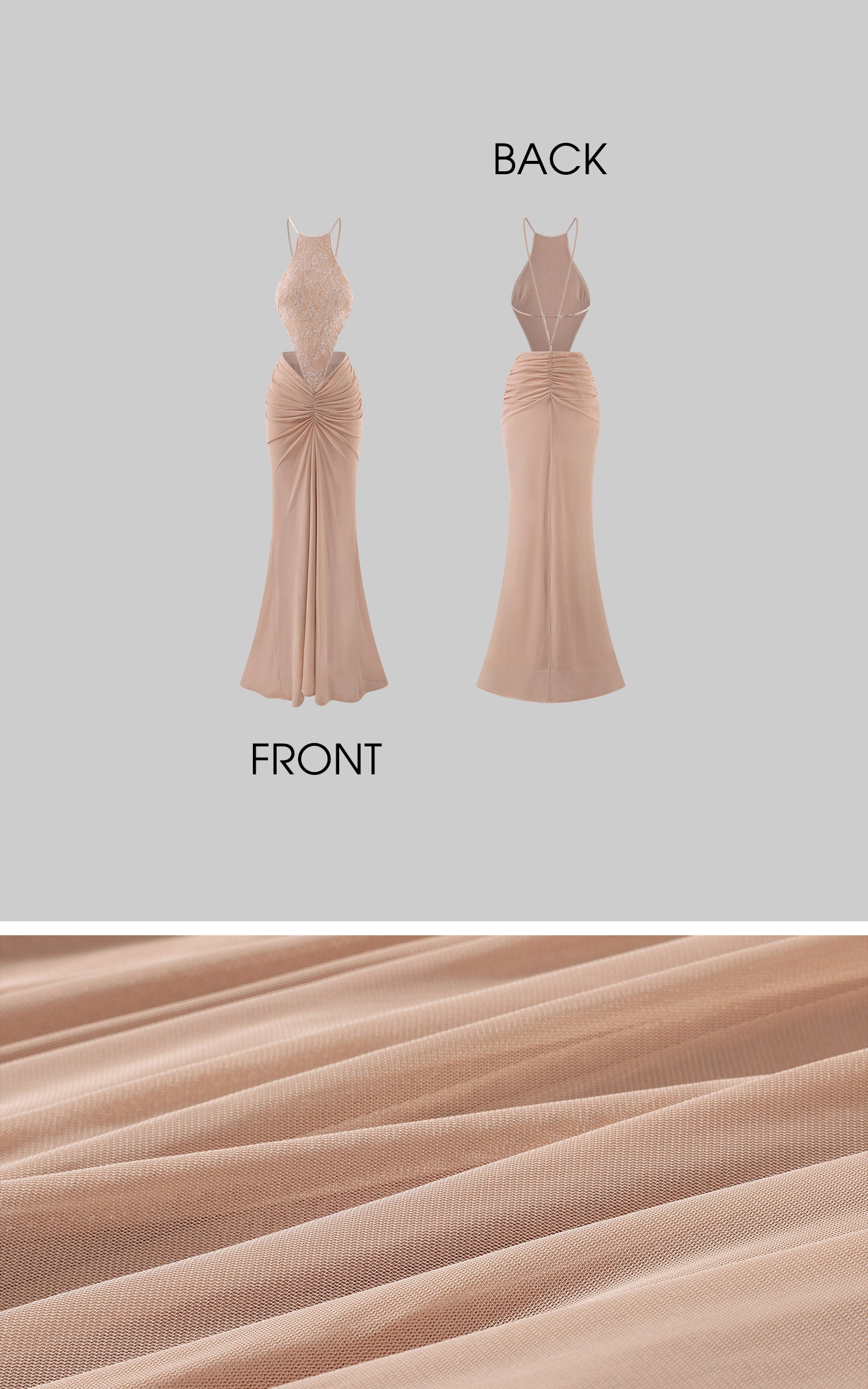 ROVENTE Embellished Lace Open Back Ruched Mesh Maxi Dress