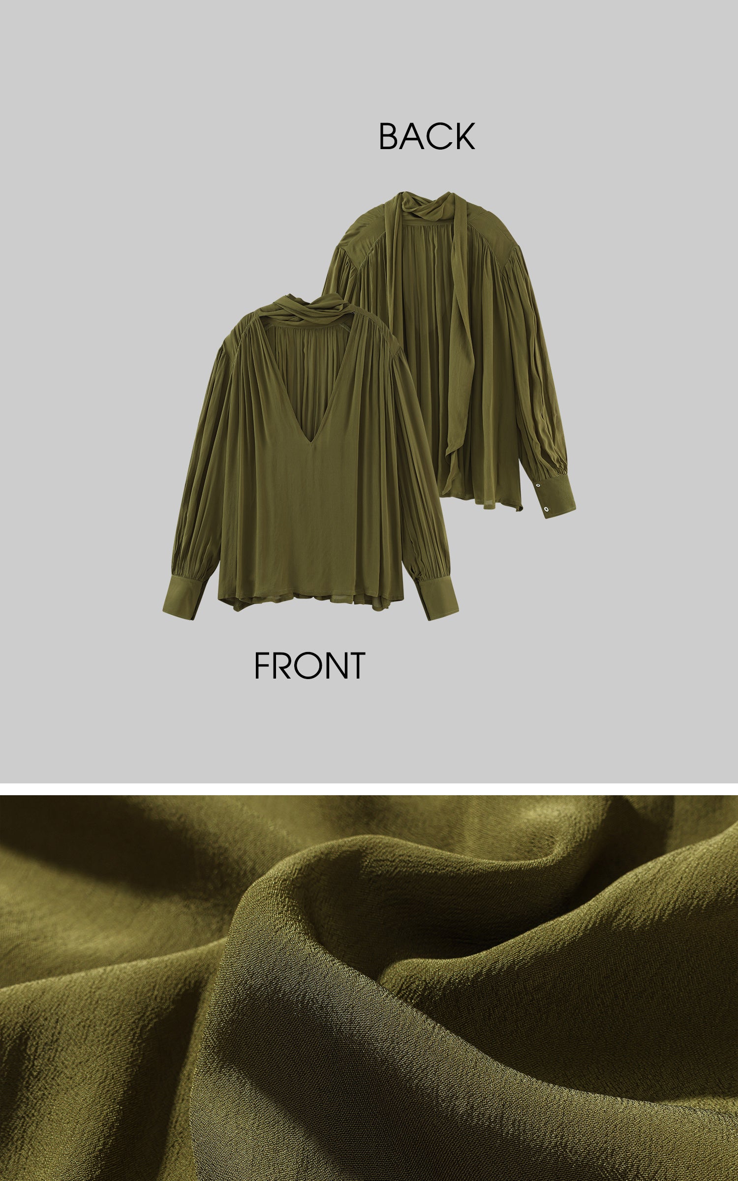 ROVENTE Draped Deep V-Neck Blouse with Tie Collar and Billowy Sleeves