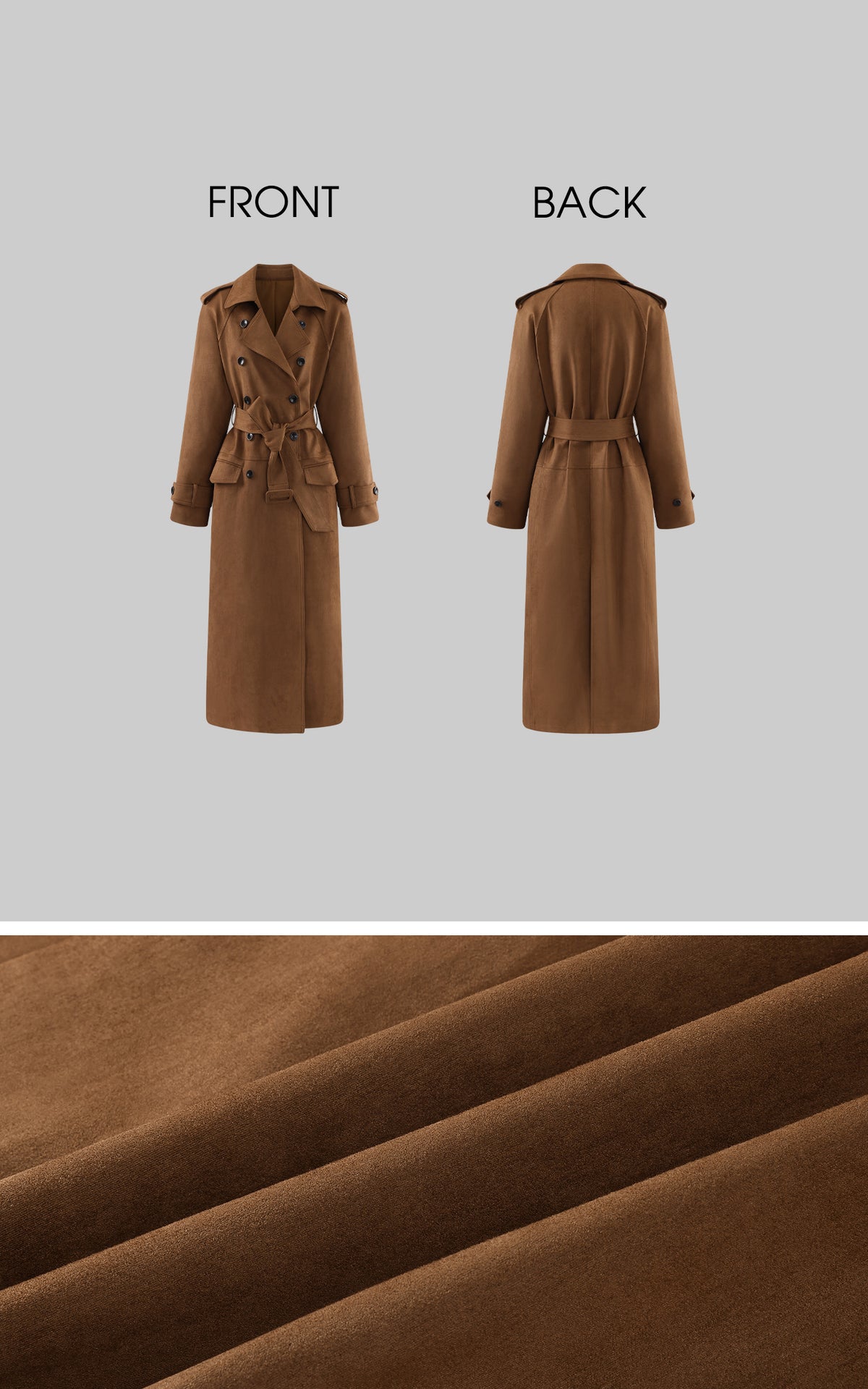 ROVENTE Suede-Look Double-Breasted Belted Longline Trench Coat