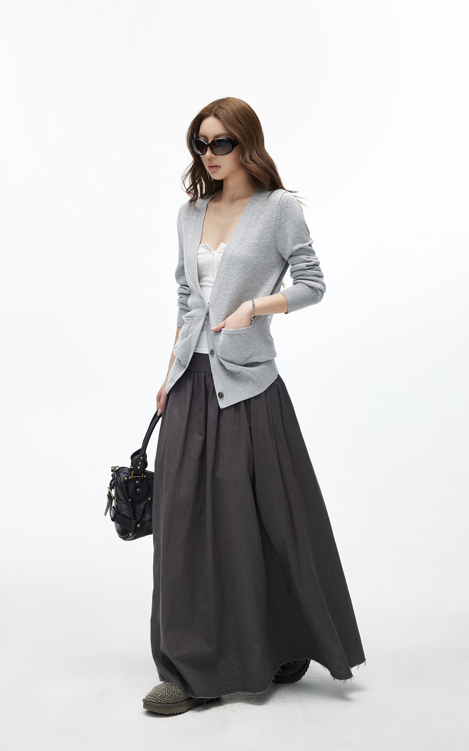 IAMXIAA High-Rise Gathered Maxi Skirt with Raw Hem Detail