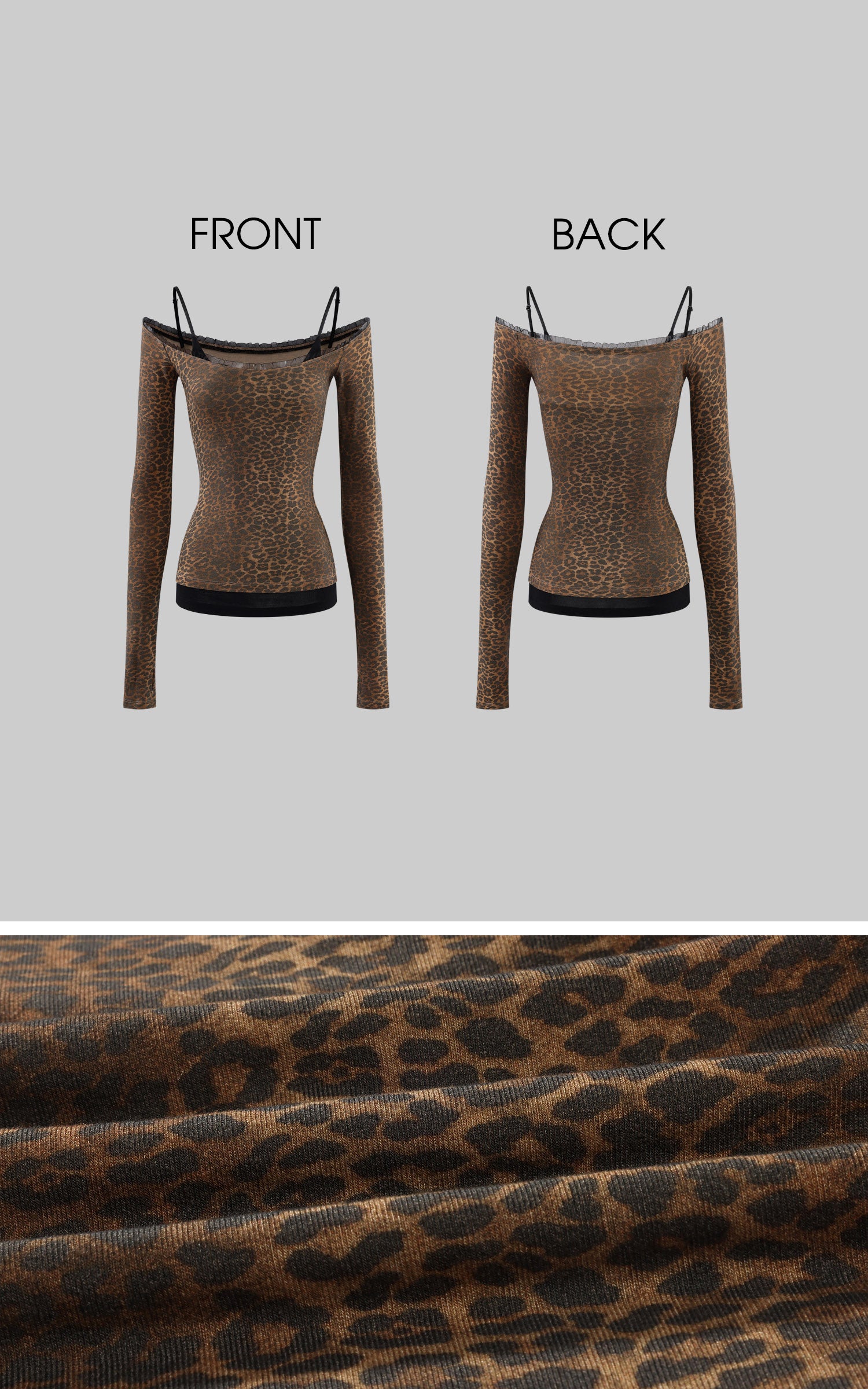 ROVENTE Leopard Print Off Shoulder Long Sleeve Top with Lace Trim and Slim Fit Silhouette