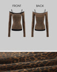 ROVENTE Leopard Print Off Shoulder Long Sleeve Top with Lace Trim and Slim Fit Silhouette