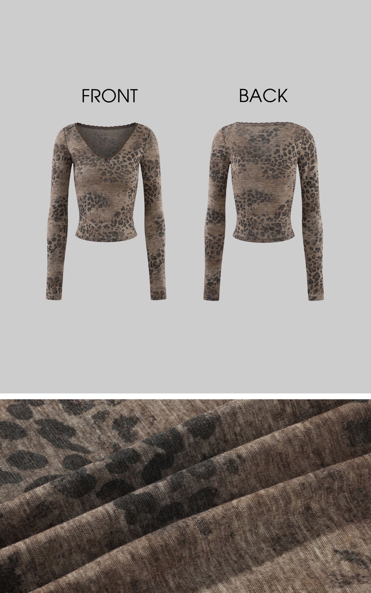 Hydrae Leopard Print Long Sleeve Top With Fitted Silhouette And Lace Trim Details