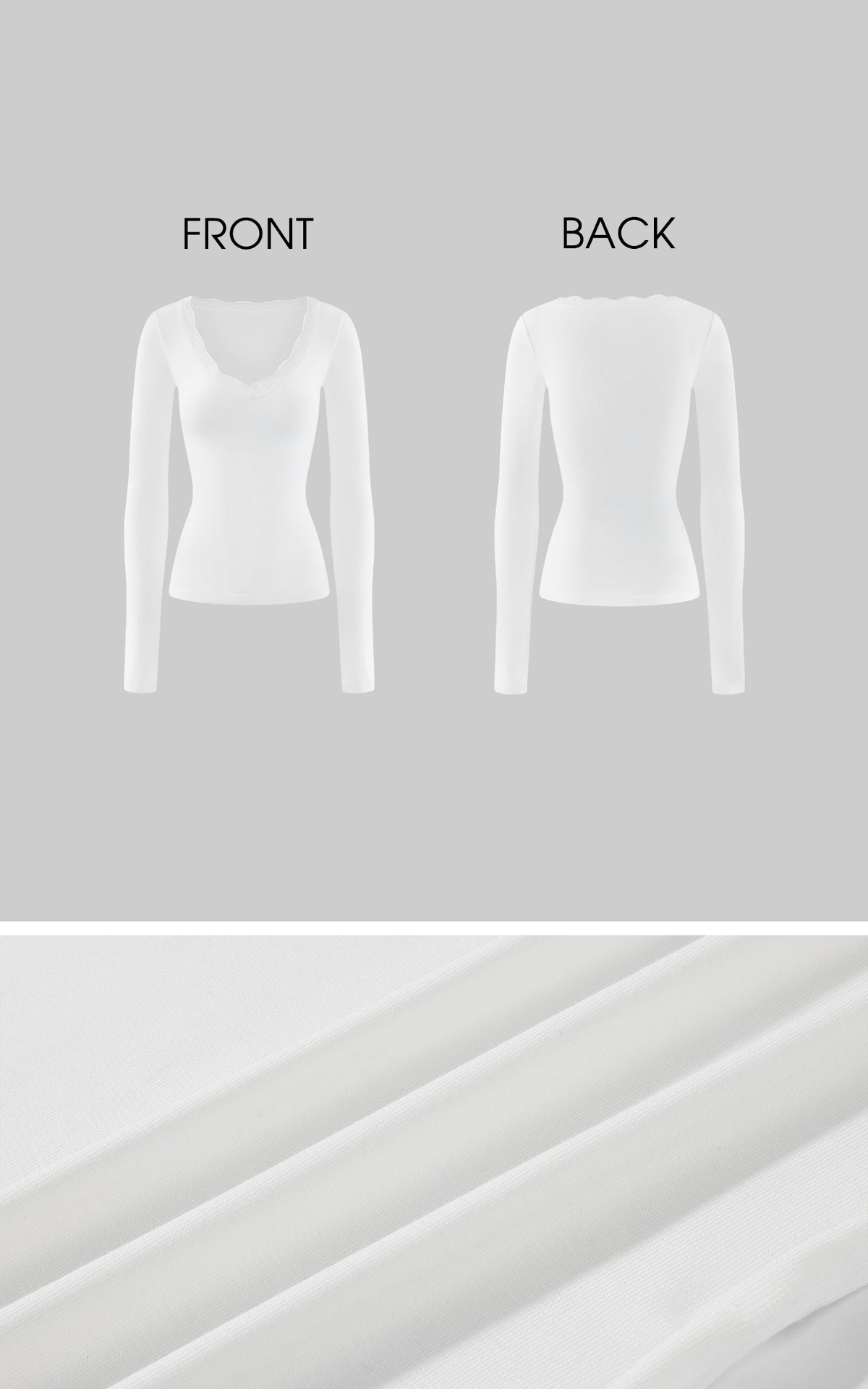 ROVENTE Lace-Trim Deep V-Neck Long-Sleeve Top with Slim Fit &amp; Fine Ribbed Texture
