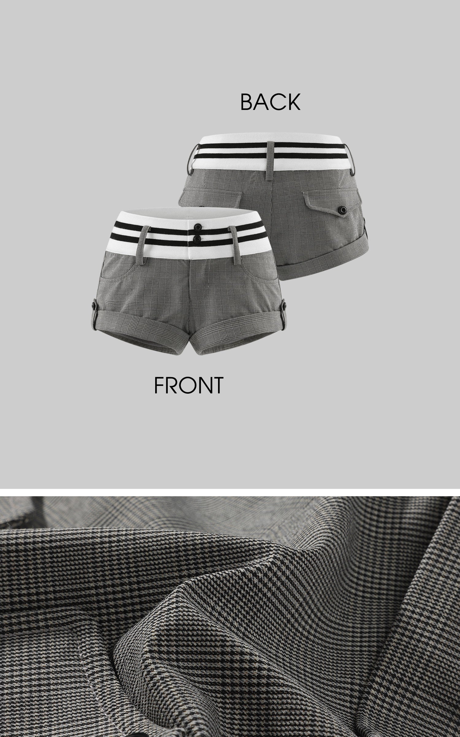 WARDEN EDGE Tailored Plaid Mini Shorts with Contrast Knit Waistband and Utility Detail
