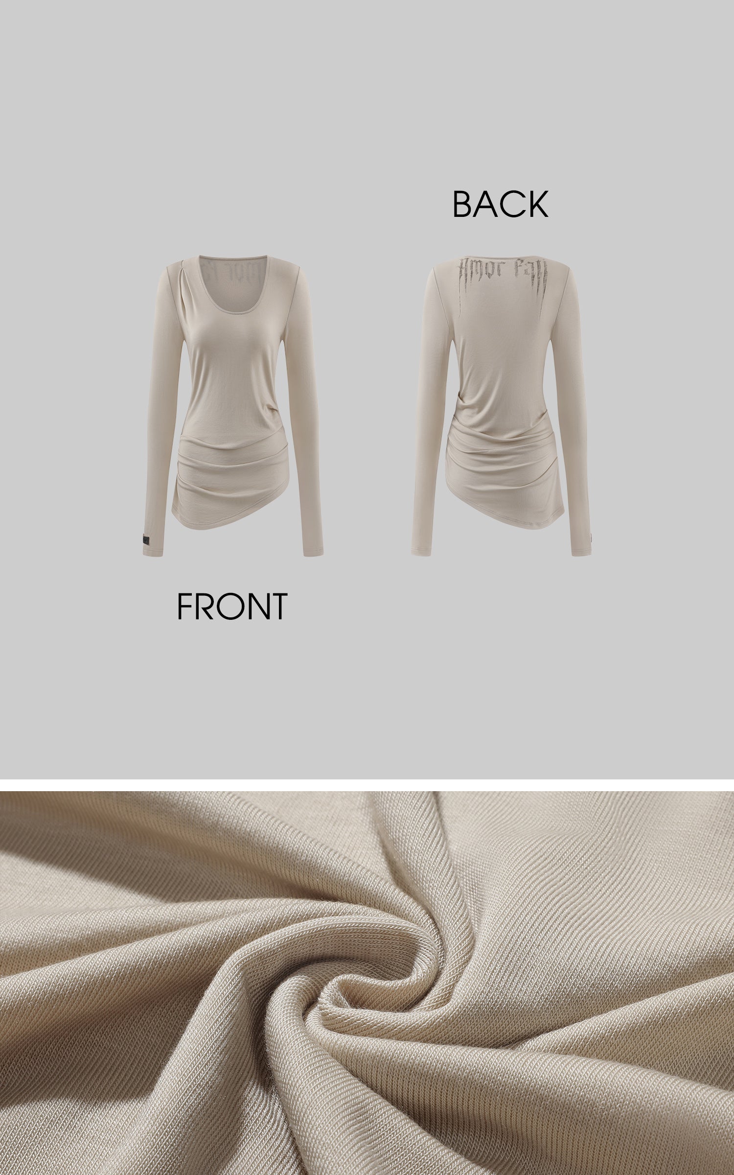 Rase le sol 아모르 파티 백 프린트 비대칭 셔링 골지 긴팔 탑