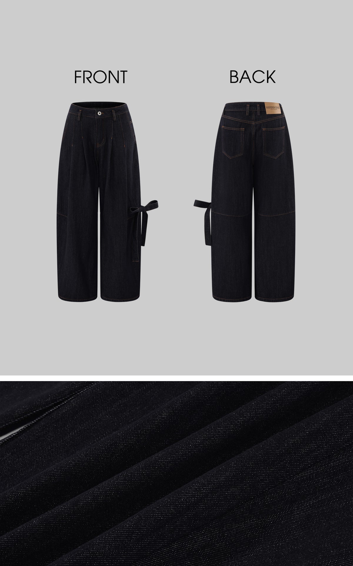 WARDEN EDGE Pleated Wide-Leg Denim Pants with Side Tie