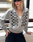 0122stepll Braided Loop Graphic Cropped Zip-Up Hoodie