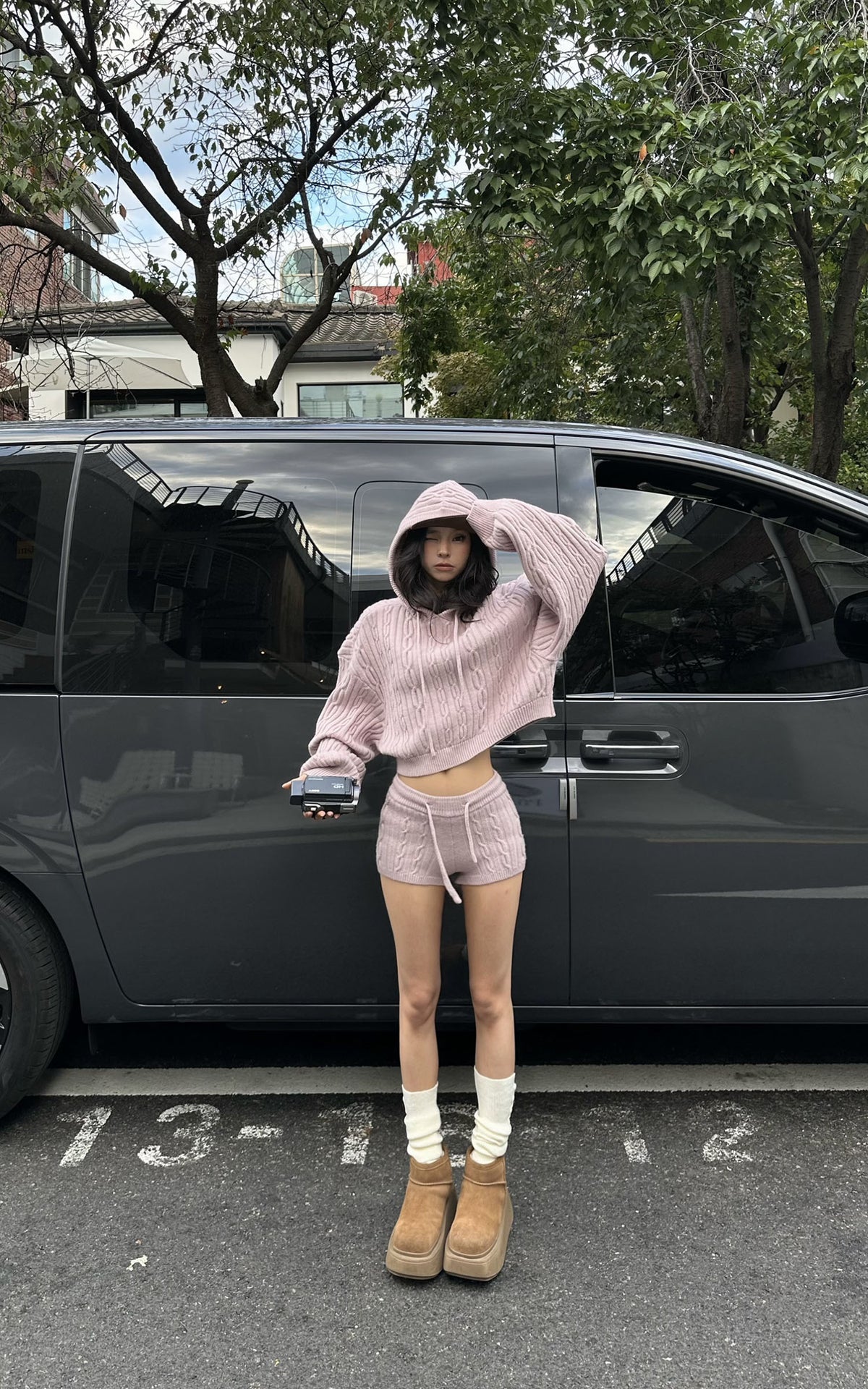 WARDEN EDGE Dusty Pink Cable Knit Hooded Sweater and Shorts Set
