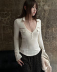 Rase le sol Lace-Trimmed Deep V-Neck Fitted Long Sleeve Top
