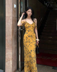 Hydrae Golden Floral Open-Shoulder Backless Slip Maxi Dress