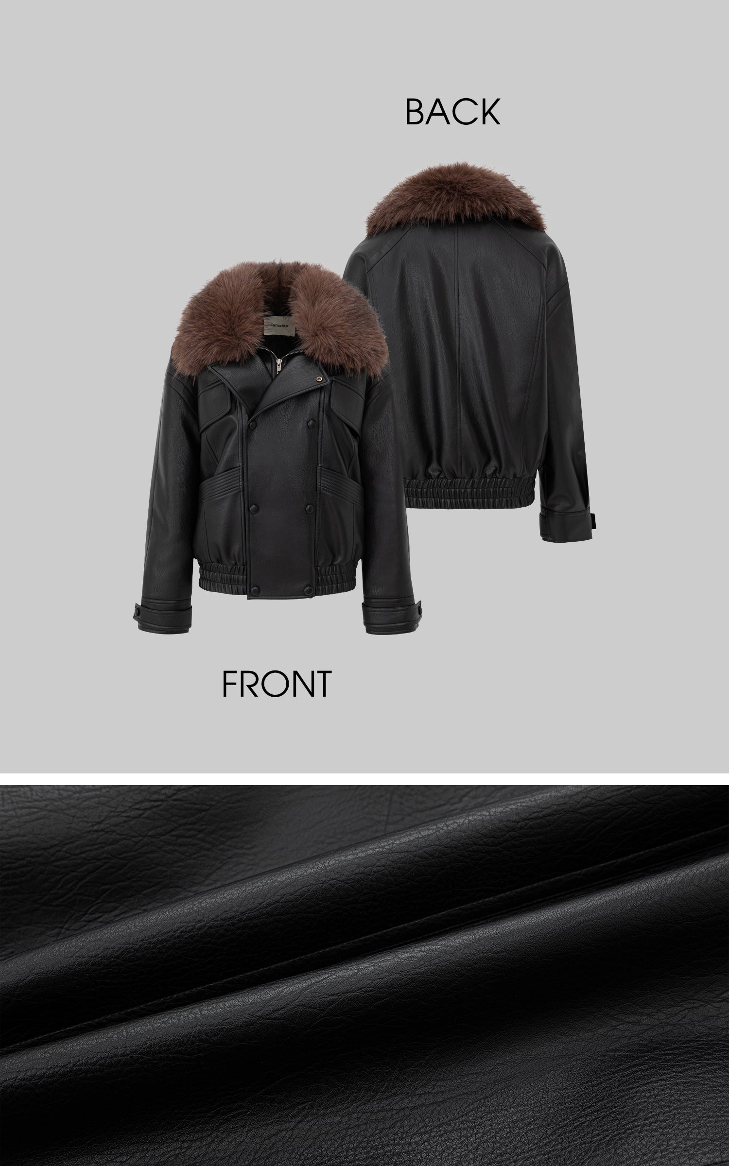 IAMXIAA フェイクレザーのジャケット、ふわふわのコントラストファー襟付き