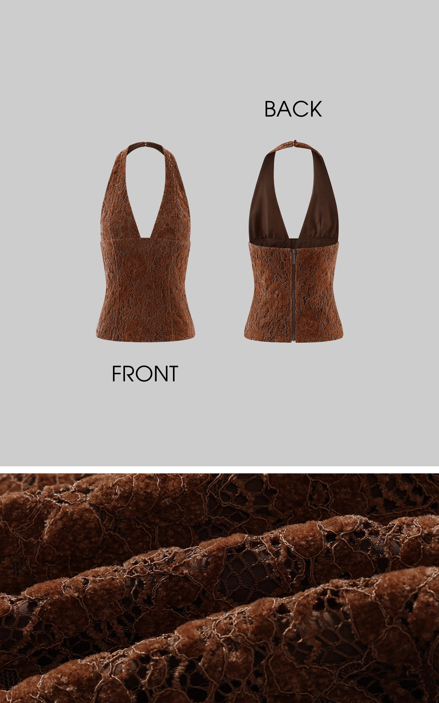 ROVENTE Lace Halter Top in Brown Velvet