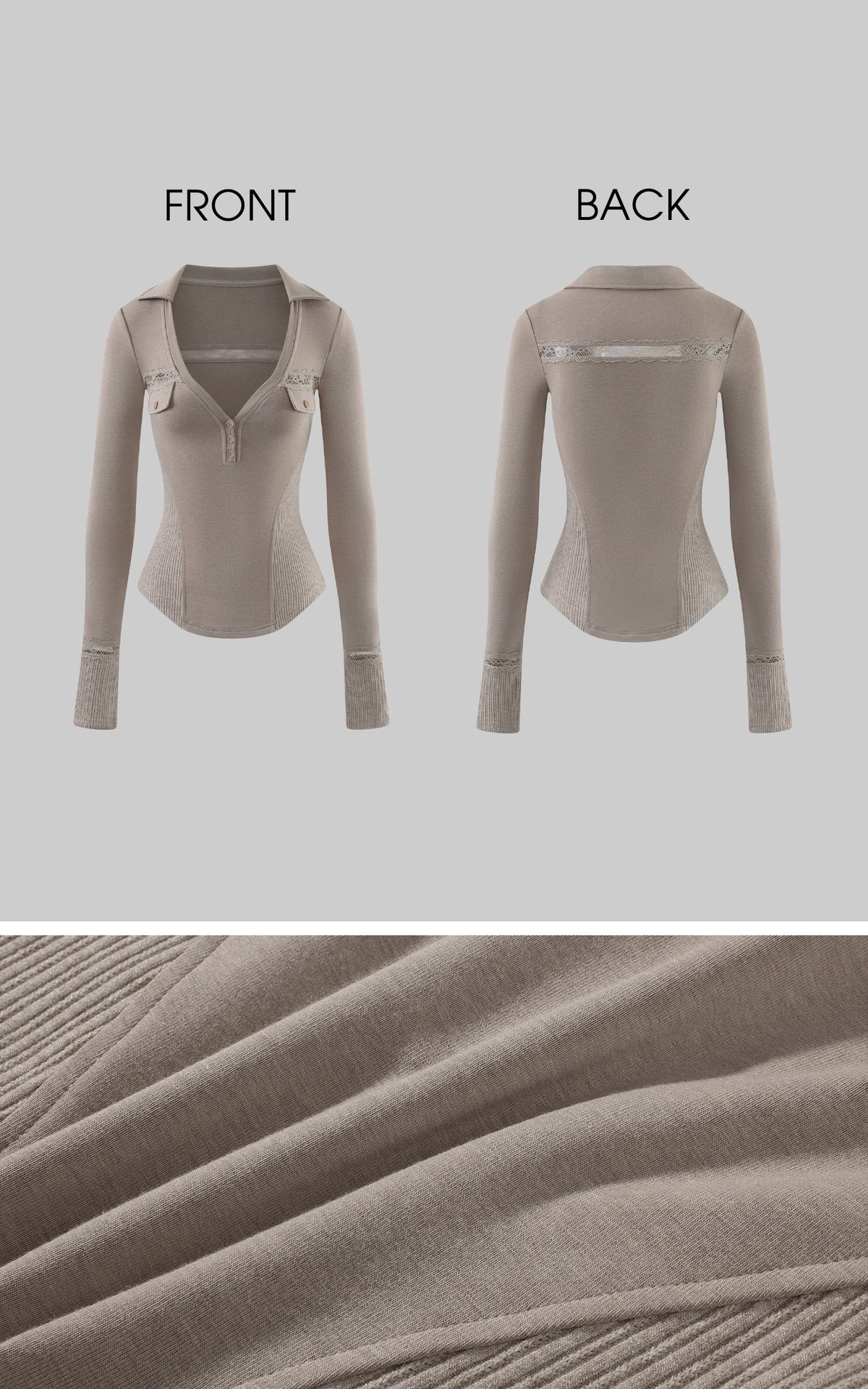 Rase le sol Lace-Trimmed Deep V-Neck Fitted Long Sleeve Top
