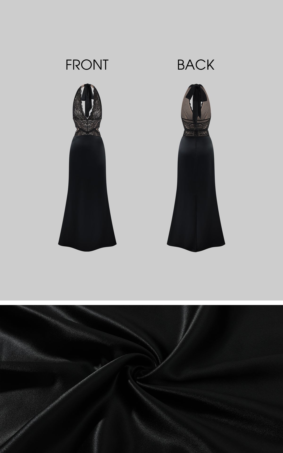 ROVENTE Robe longue en satin à col licou en dentelle