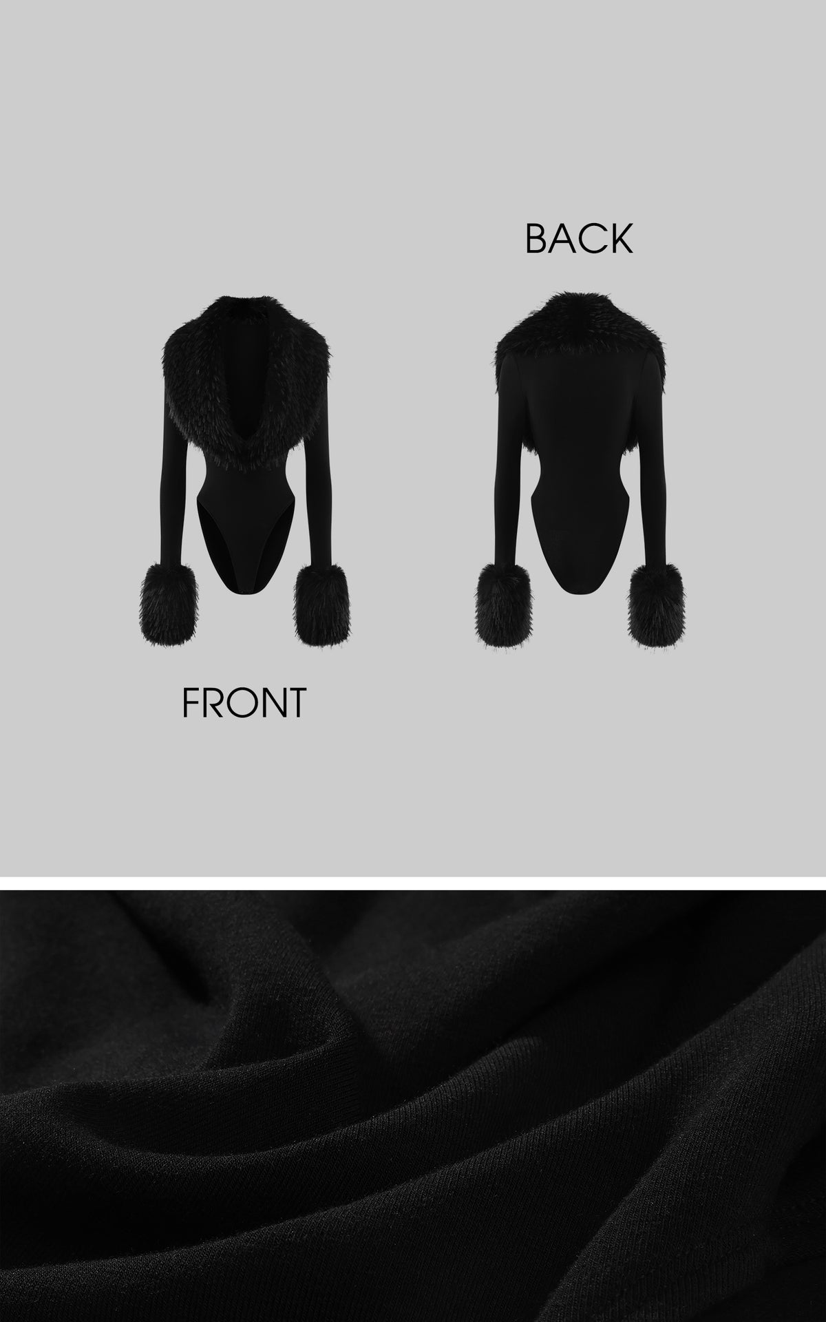 0122stepll Faux Fur Collar Plunge Bodysuit
