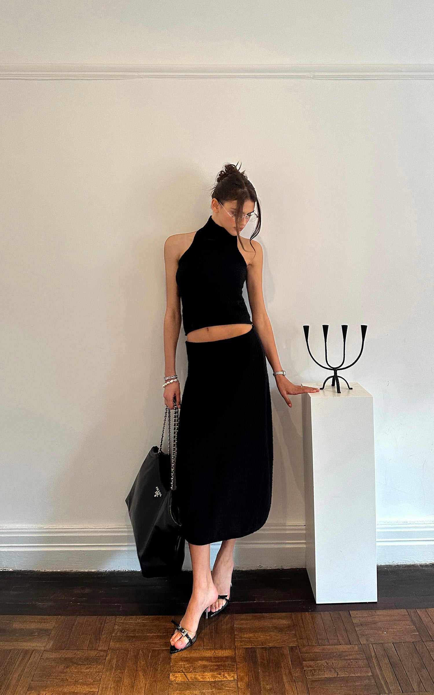 0122stepll Ensemble haut en maille torsadée à col licou &amp; jupe midi