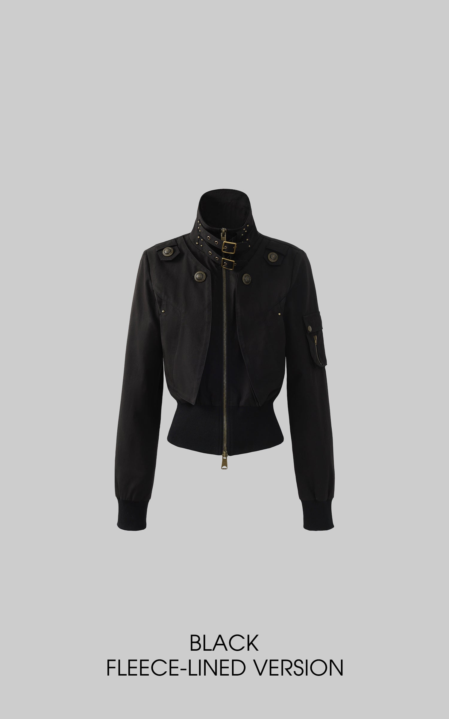 Low pixel Buckled Stand Collar Cropped Utility Jacket