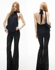 IAMXIAA Sheer Floral Lace Flared Pants with Stretch Lining