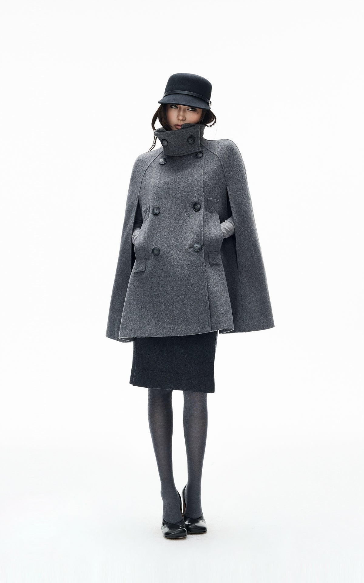 IAMXIAA Sculpted High-Neck Double-Breasted Cape Coat with Open Arm Slits