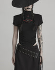 DOINDULGE Ruched Fitted Tee with Deconstructed Eye Button Detail