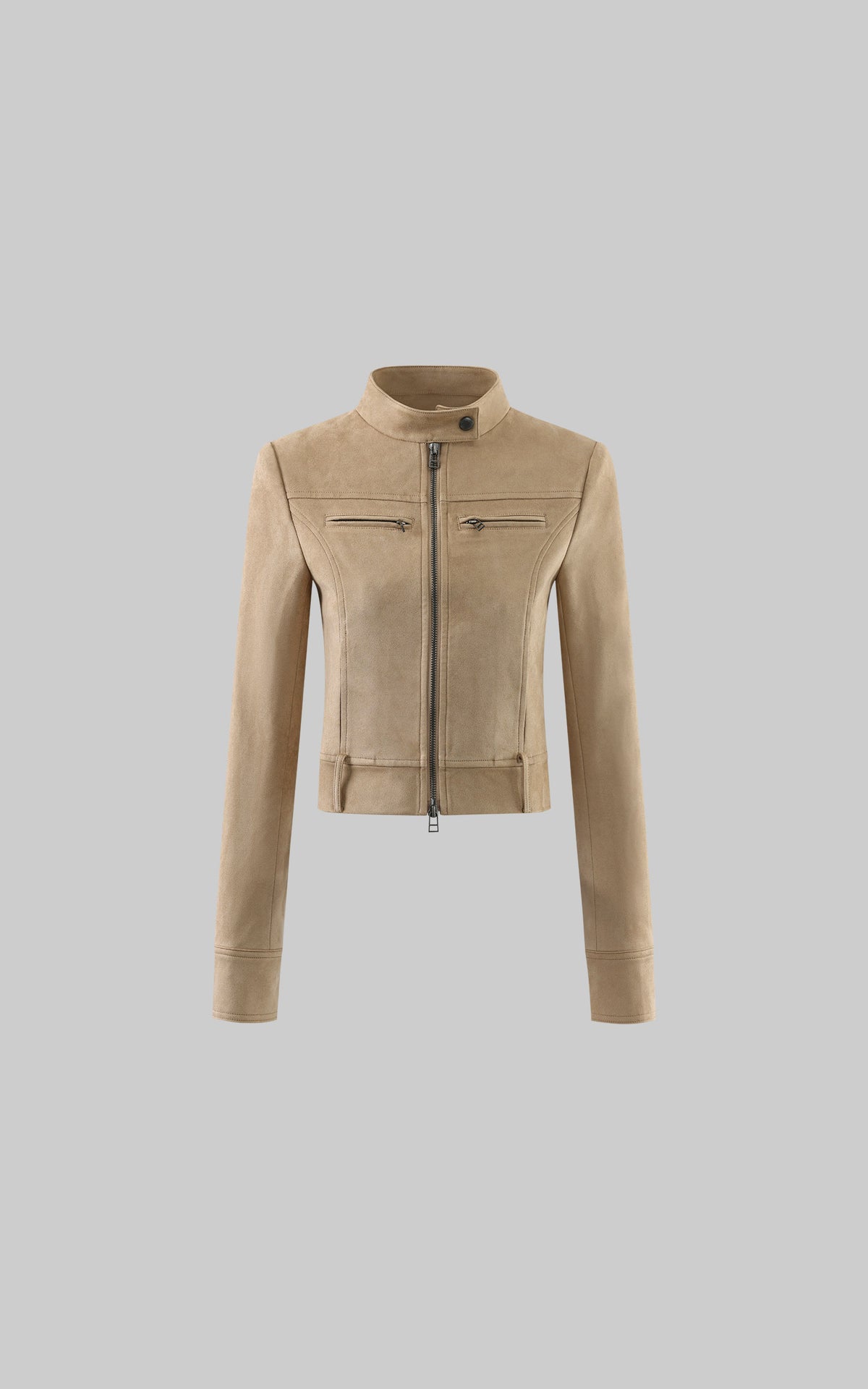 Hydrae Sand Suede Moto Cropped Jacket with Sculpted Paneling and Metal Zip Details