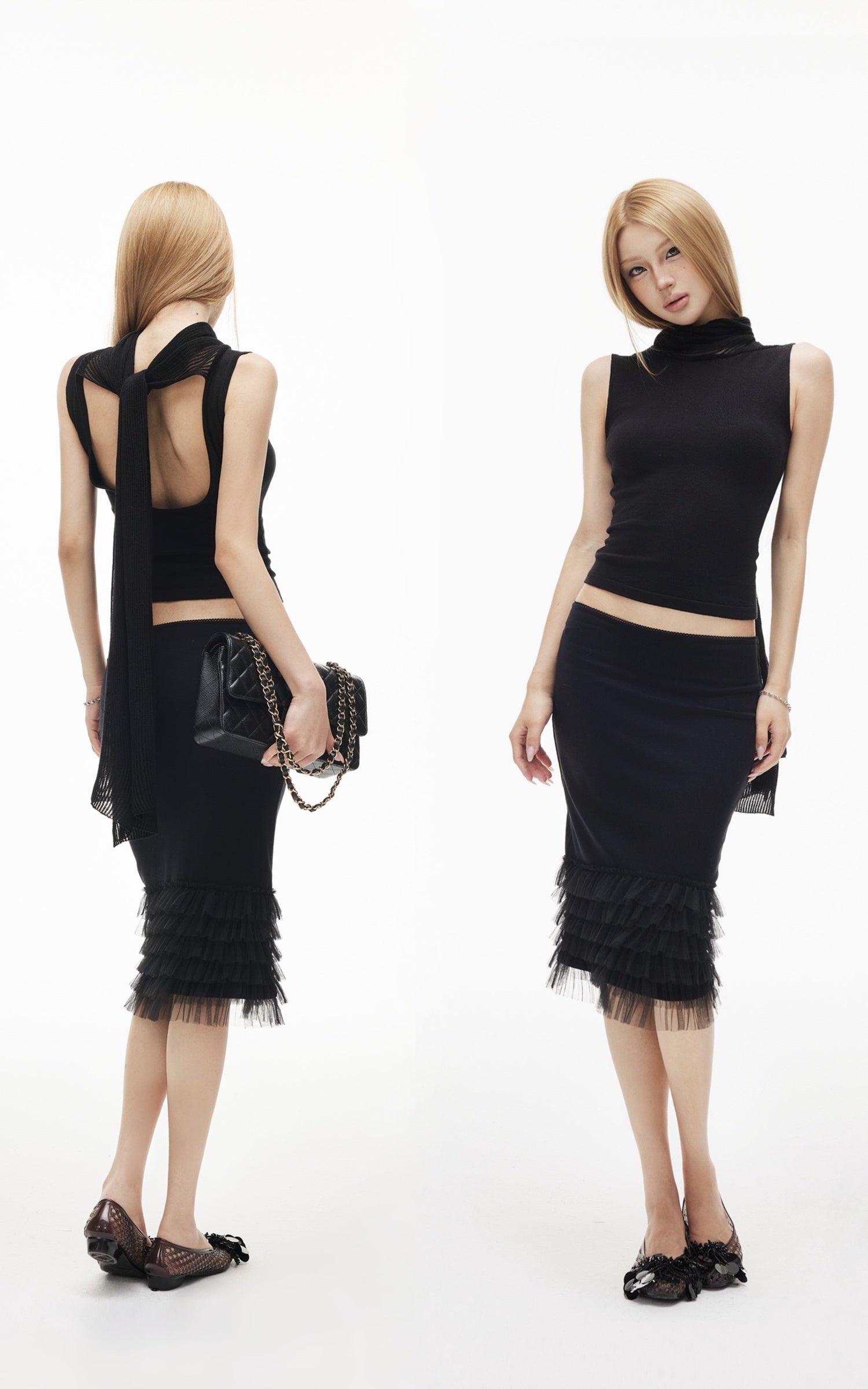 IAMXIAA Sheer Ribbed Knit Cape Sleeve Open Back Cropped Top