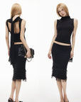 IAMXIAA Sheer Ribbed Knit Cape Sleeve Open Back Cropped Top