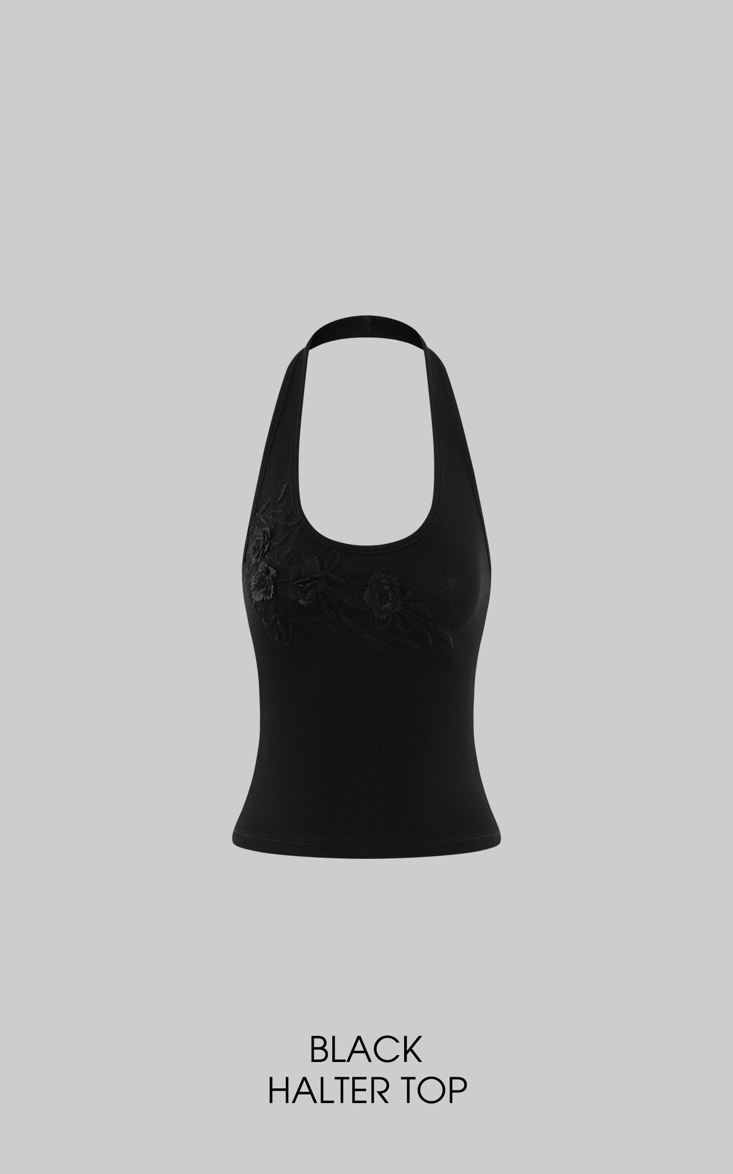 Hydrae Floral Appliqué Ribbed Halter Neck Crop Top Sculpt Fit Sleeveless Minimal