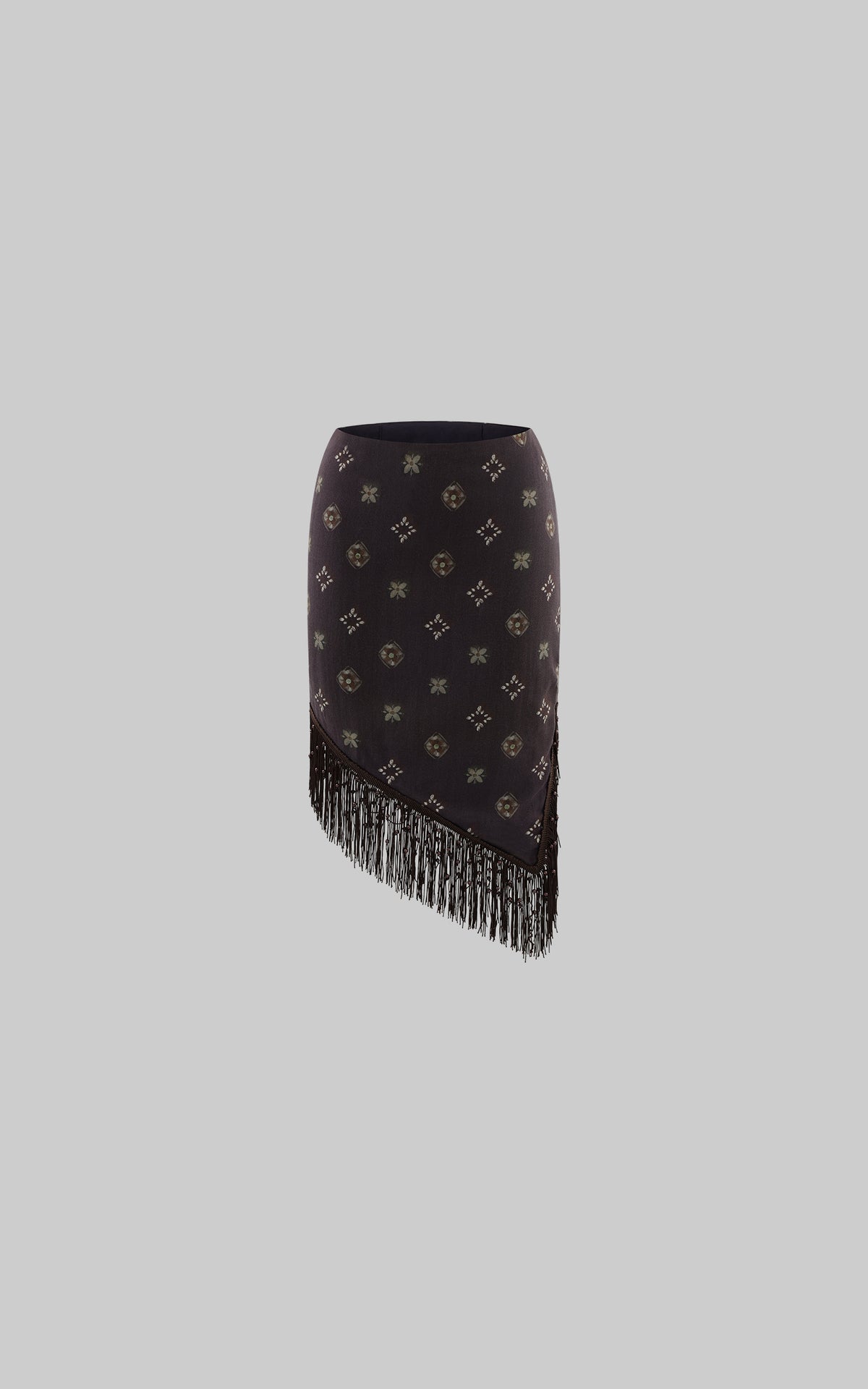 ROVENTE Jupe midi asymétrique imprimée à franges perlées
