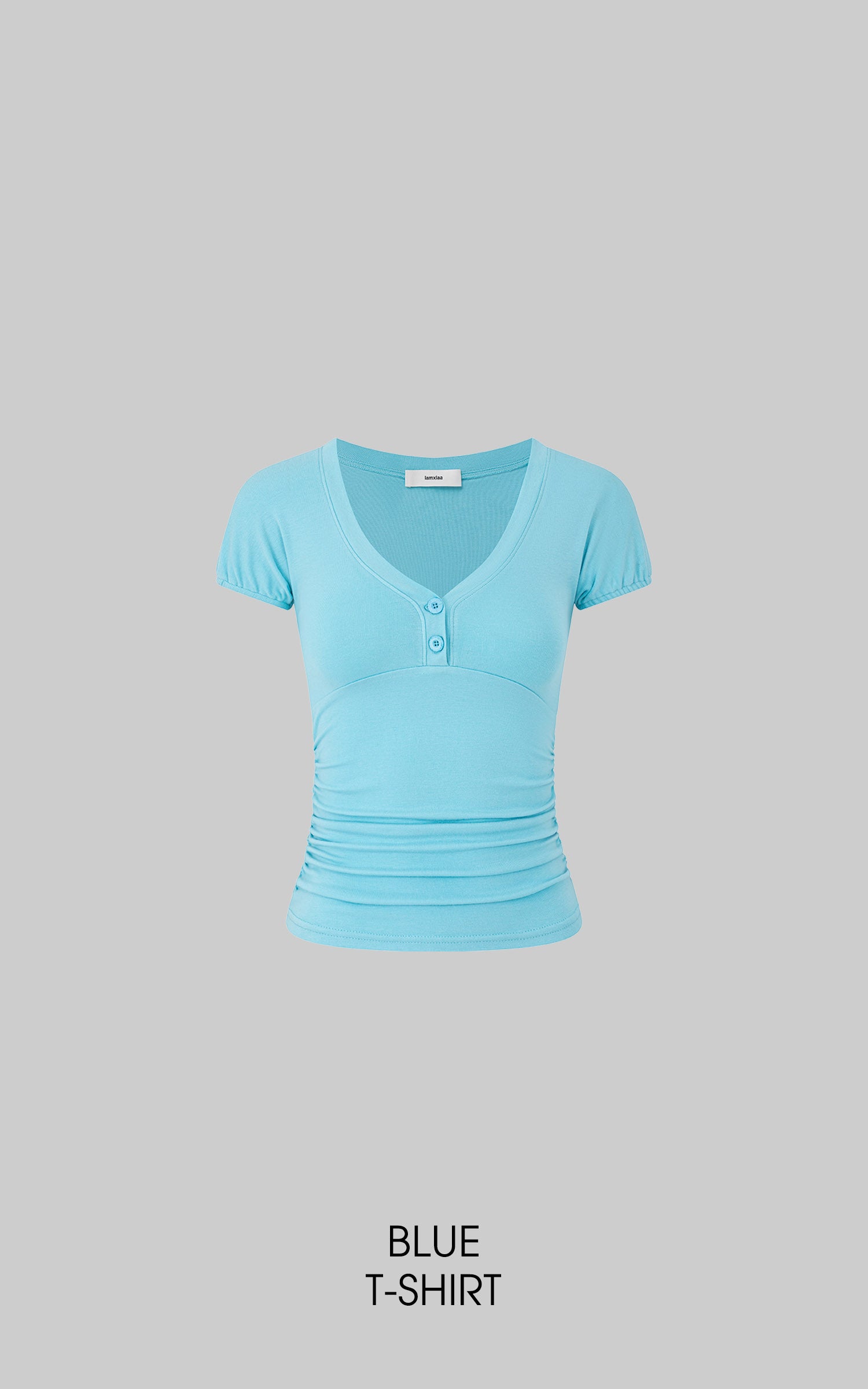 IAMXIAA Ruched V-Neck Button Front Slim Fit Short Sleeve Stretch Tee