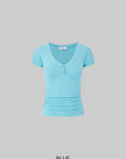 IAMXIAA Ruched V-Neck Button Front Slim Fit Short Sleeve Stretch Tee
