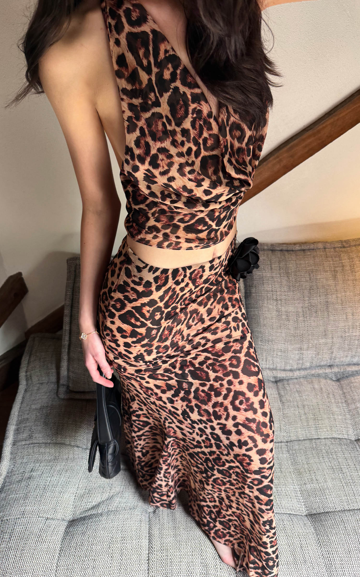 0122stepll Leopard Mesh Halter Top &amp; Sheer Maxi Skirt Set