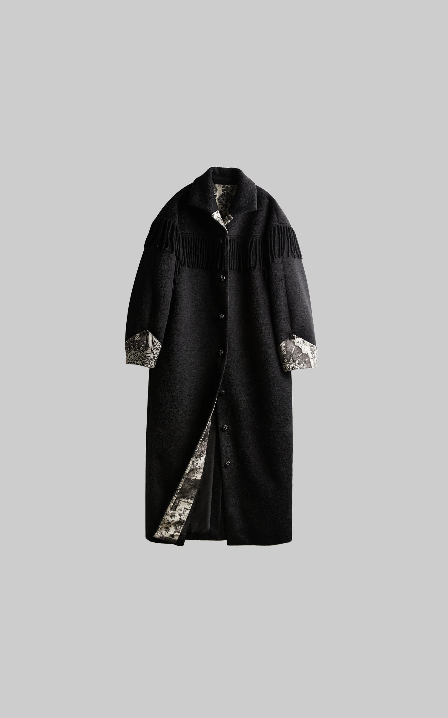 DOINDULGE Fringe-Detail Long Coat with Contrasting Patterned Lining
