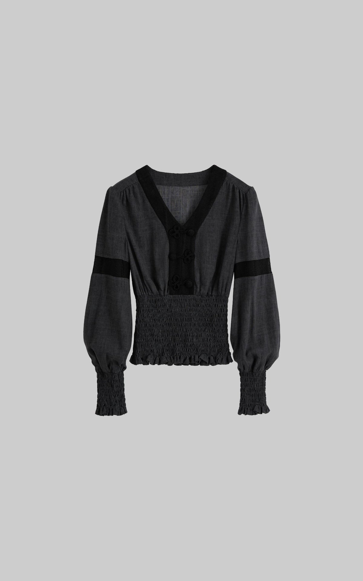 DOINDULGE V-Neck Smocked-Waist Long-Sleeve Blouse
