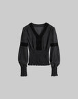 DOINDULGE V-Neck Smocked-Waist Long-Sleeve Blouse
