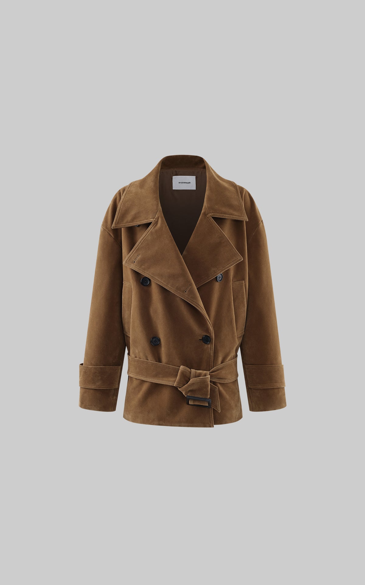 0122stepll Vintage Suede Oversized Double Breasted Belted Trench Jacket