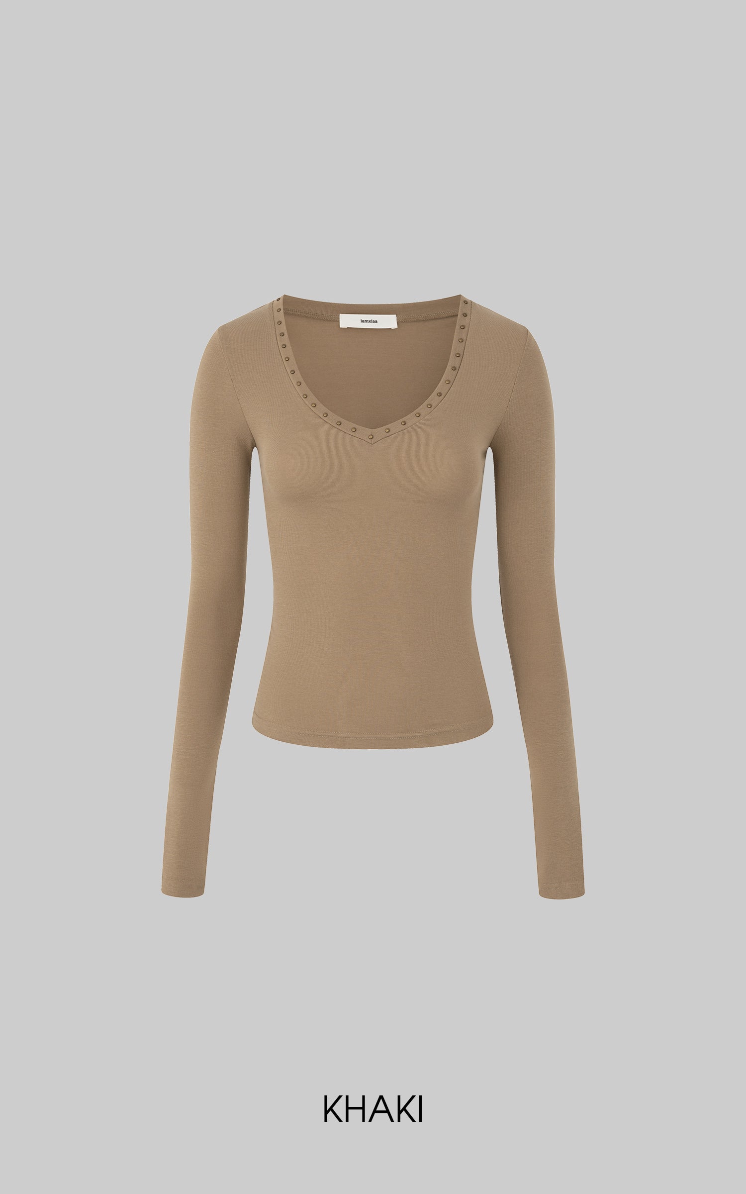 IAMXIAA Studded V-Neck Long Sleeve Tee