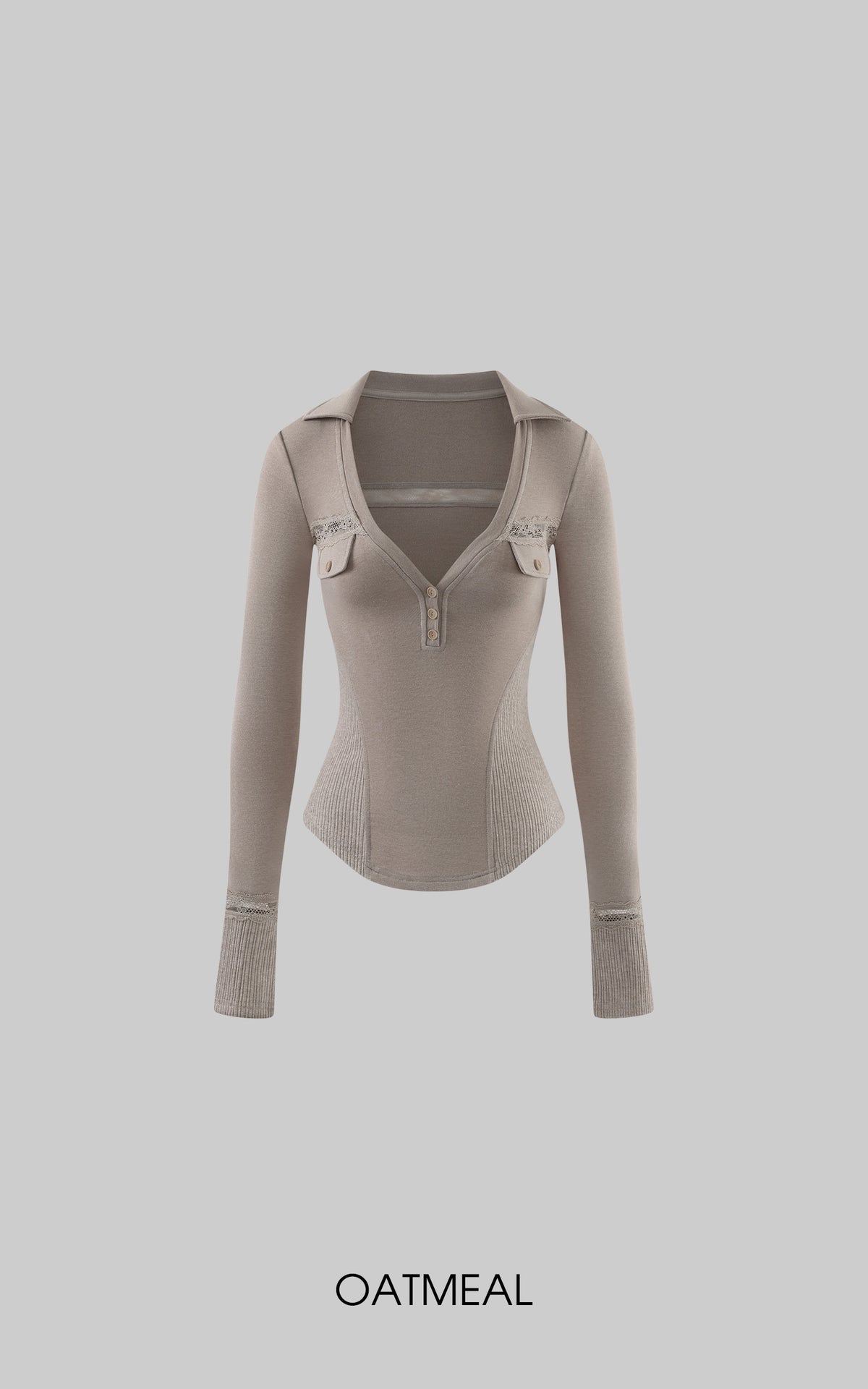 Rase le sol Lace-Trimmed Deep V-Neck Fitted Long Sleeve Top