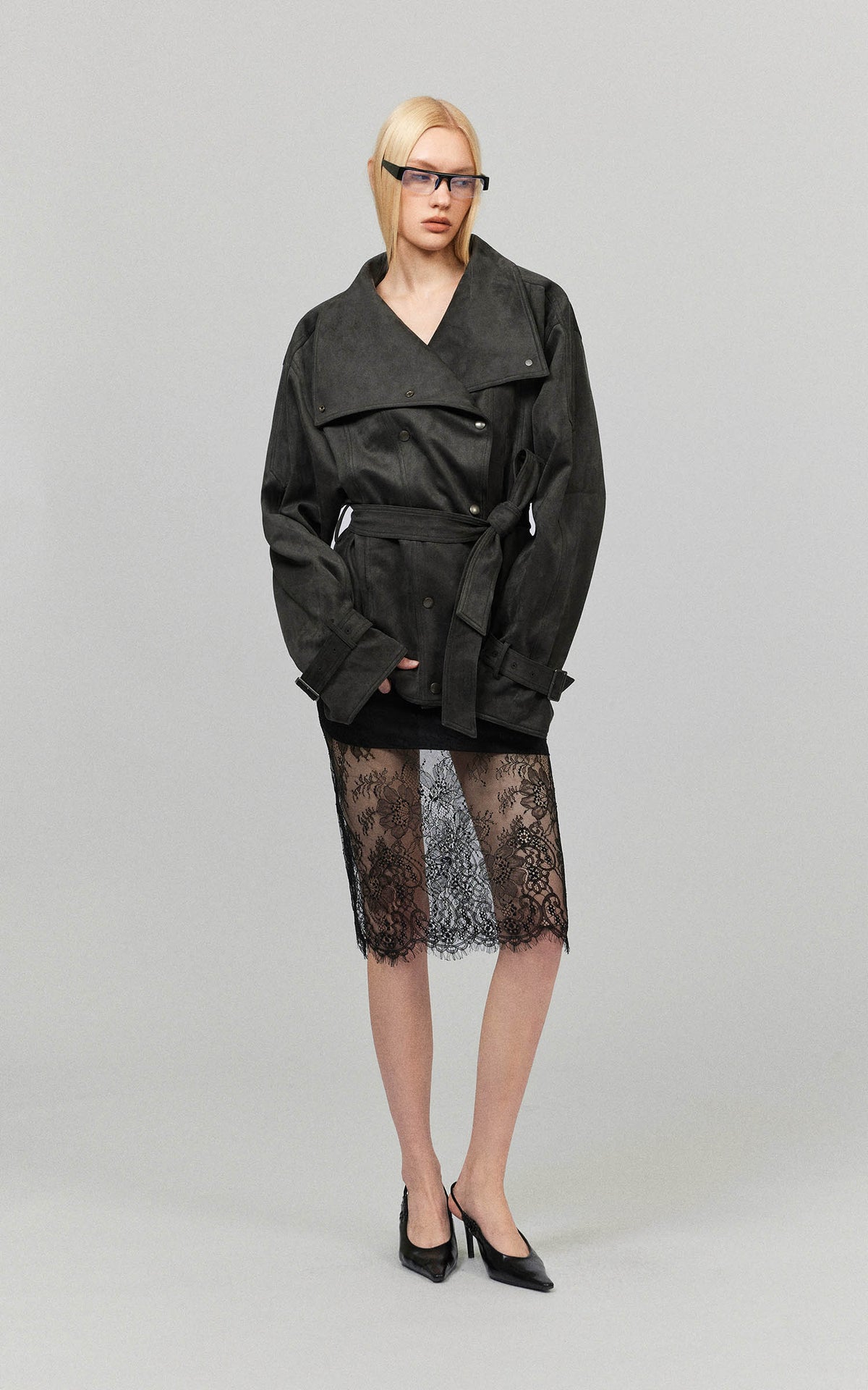 0122stepll Washed Suede Belted Biker Jacket