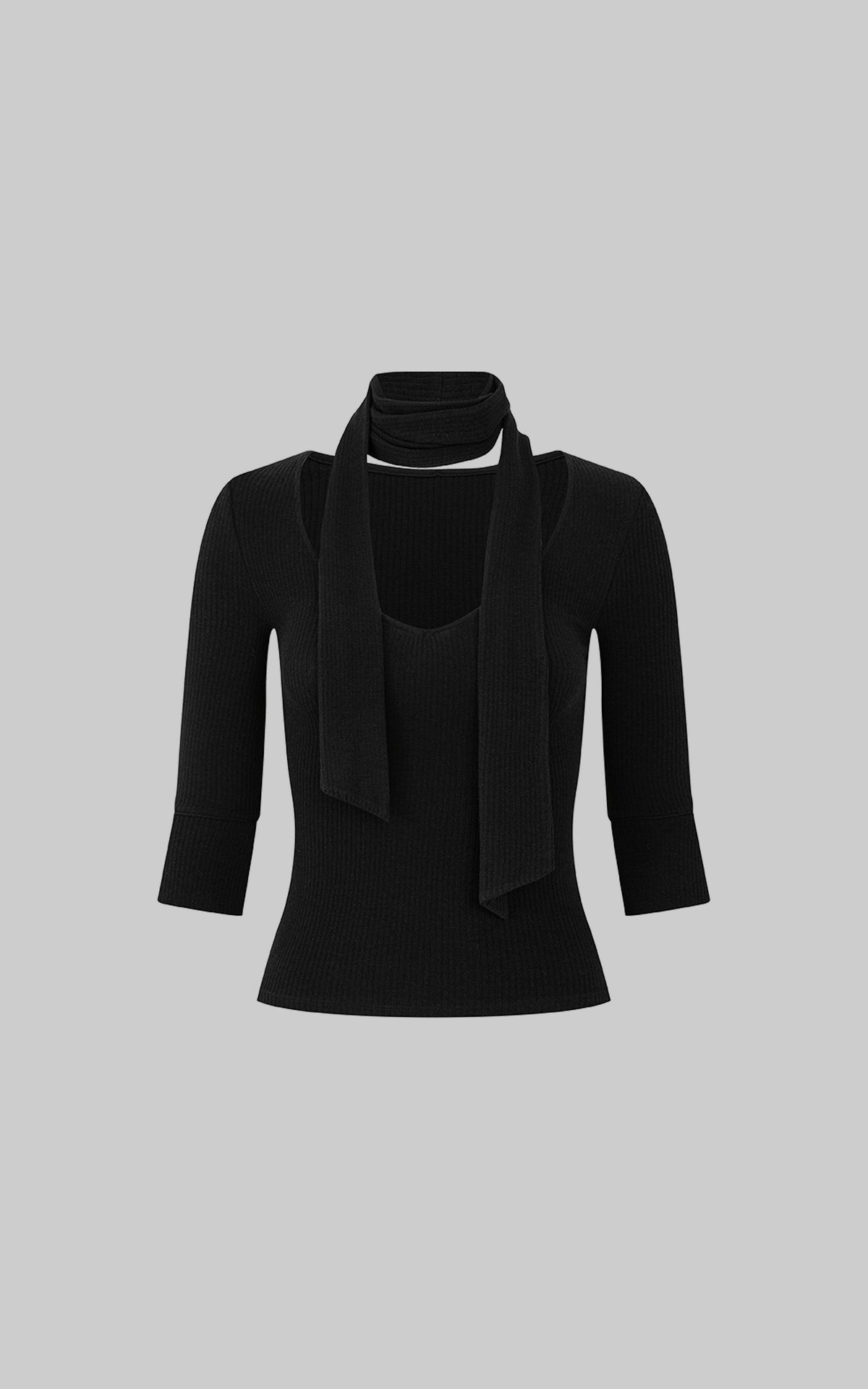 IAMXIAA Scarf-Neck Ribbed Slim-Fit Top with Three-Quarter Sleeves