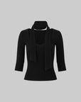 IAMXIAA Scarf-Neck Ribbed Slim-Fit Top with Three-Quarter Sleeves