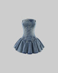 WARDEN EDGE Denim Corset Mini Dress with Flared Hem