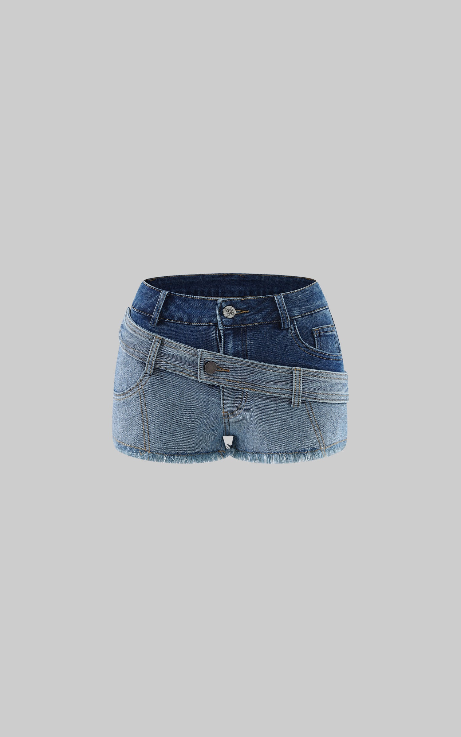 RASE LE SOL Layered Two-Tone Asymmetric Low-Rise Denim Shorts