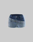 RASE LE SOL Layered Two-Tone Asymmetric Low-Rise Denim Shorts