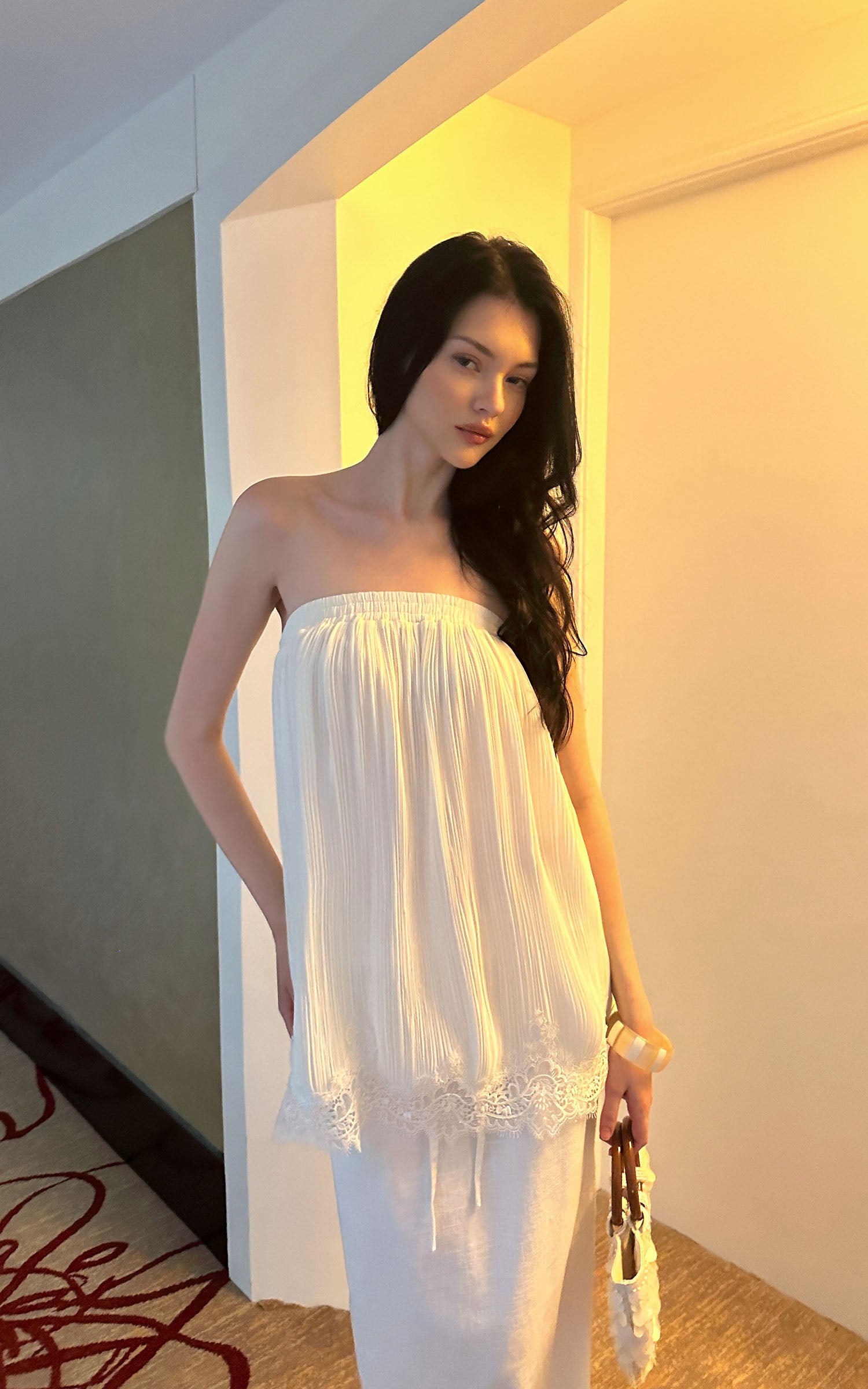 0122stepll Pleated Tube Top &amp; Long Skirt Set