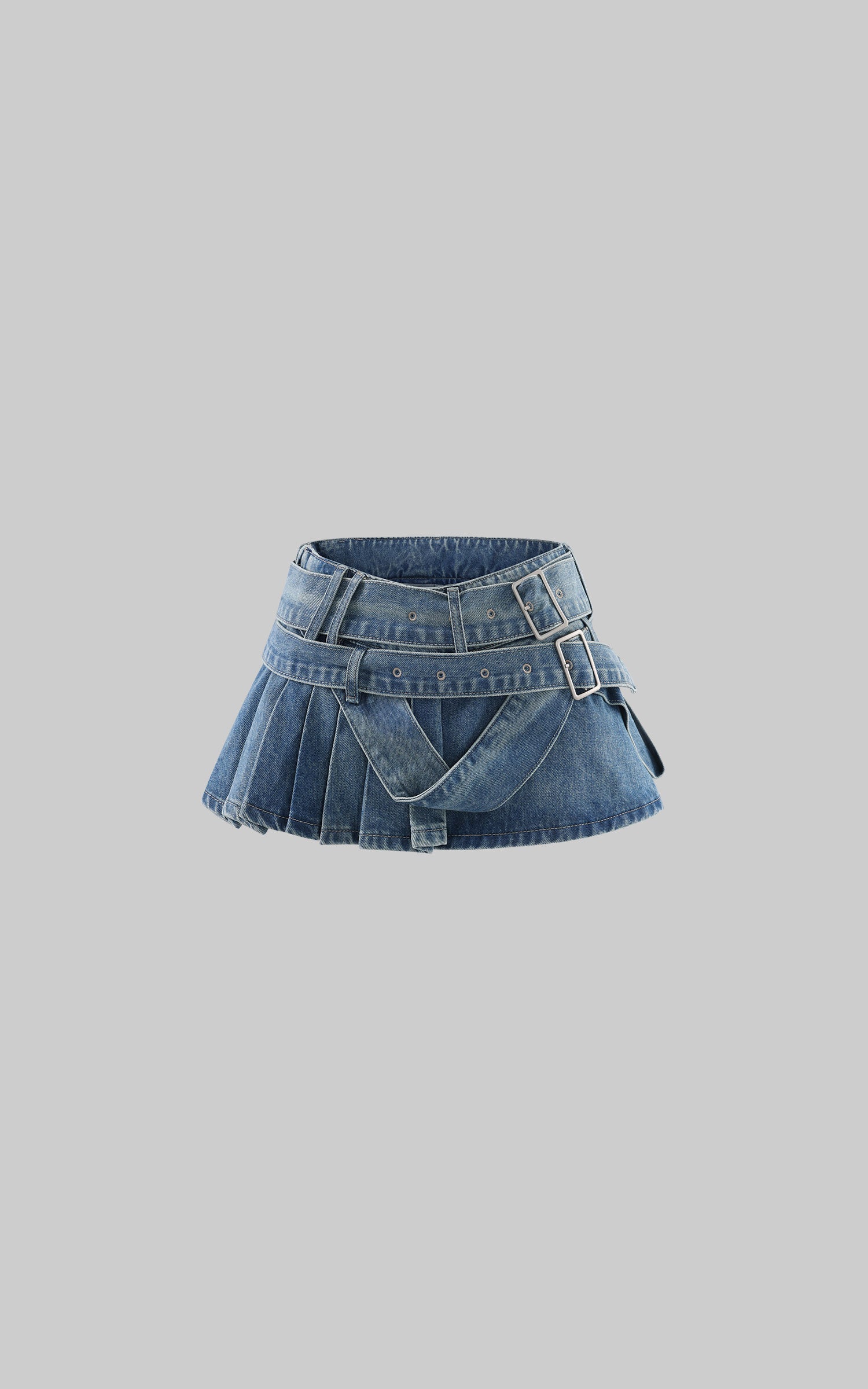 WARDEN EDGE Double-Belt Pleated Denim Mini Skirt