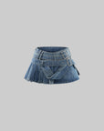 WARDEN EDGE Double-Belt Pleated Denim Mini Skirt