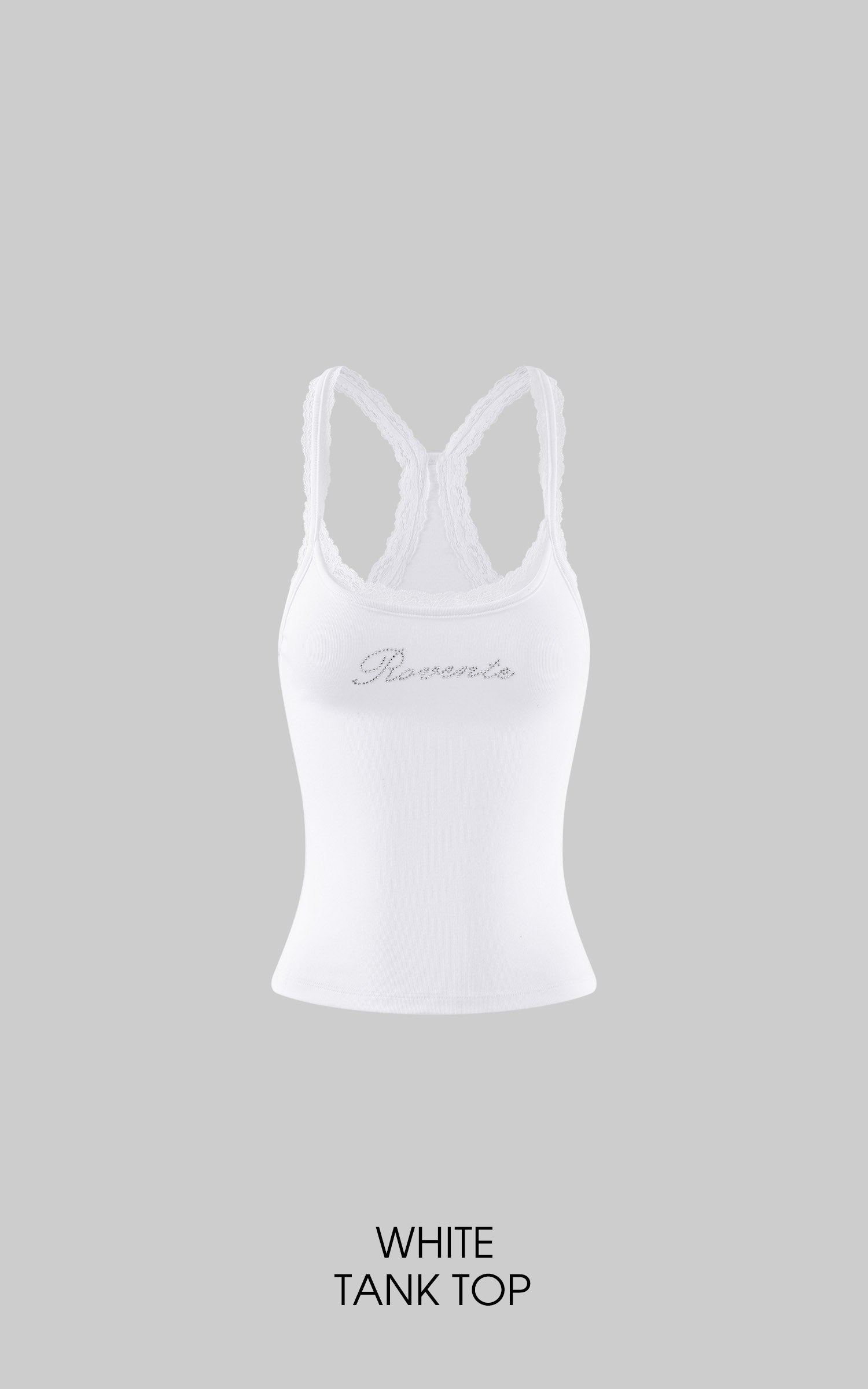 ROVENTE Rhinestone Logo Lace Trim Tank Top