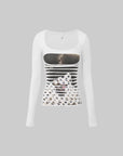 IAMXIAA Cut Out Long Sleeve Top Slim Fit Graphic Print Tee